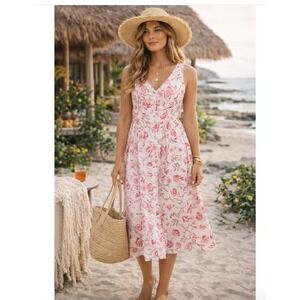 Cynthia Rowley Womens 100% Linen Floral Midi Dress Sz 10 Coastal Resortwear